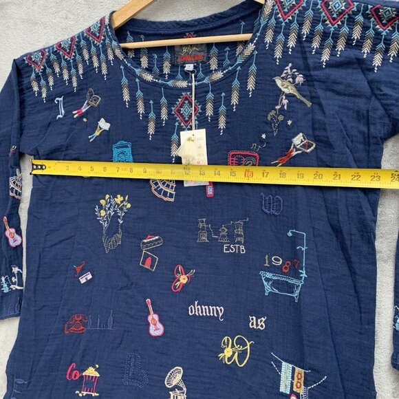Johnny Was Biya Tunic Women S Blue Rondo Crew Neck Long Sleeve Blouse Boho Chic - Picture 3 of 14